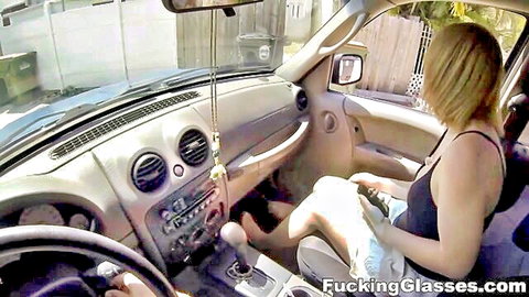 Blonde with glasses spreads legs in car, wet pussy tease