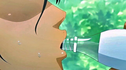 Anime housewife drinking milk suggestively in outdoor hentai scene