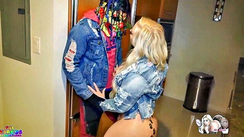 Mz. Dani blonde with big ass teased by clown in open denim jacket