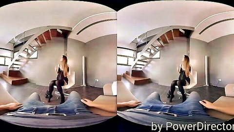 Blonde in black dress straddles jeans-clad man in VR POV tease