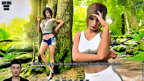Two busty anime girls in tight shorts and tank tops argue tensely in lush forest video game scene