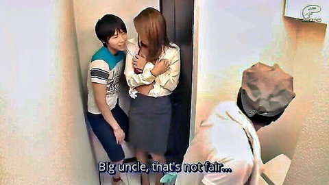 Japanese woman in blouse and skirt leans close to young guy as big uncle approaches