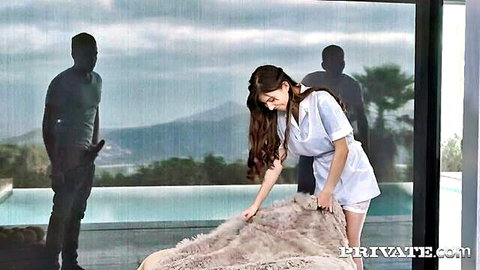 Anya Krey teen maid bends over in white dress for DP action