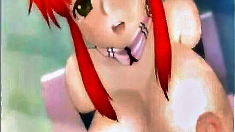 Red-haired anime schoolgirl teasing with cleavage in uniform