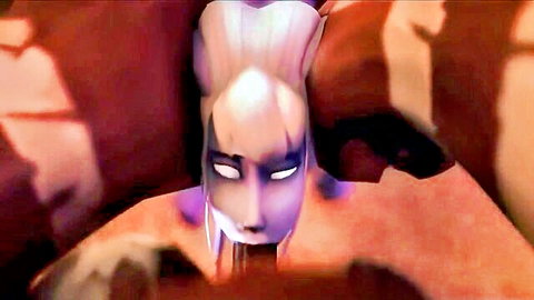 Purple-skinned hentai monster girl with thick cum dripping from her open mouth in close-up POV