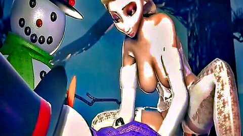 Frozen's Anna in sexy white lingerie, big tits exposed with Olaf snowman