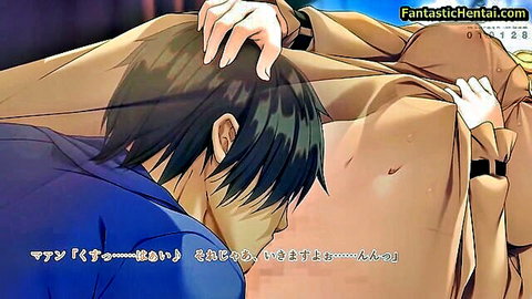 Hentai anime scene of woman in tan coat and gloves touching man's head intimately