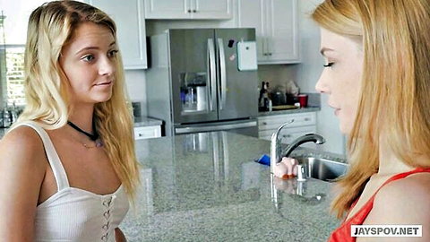 Hannah Hays and blonde friend in casual kitchen talk