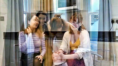 Three sweet students in casual clothes celebrate erotic reunion, smiling playfully