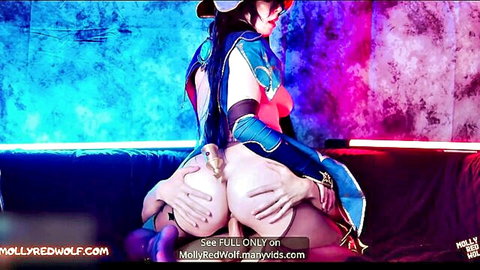 MollyRedWolf as Mona in Genshin Impact cosplay, teasing big ass pose