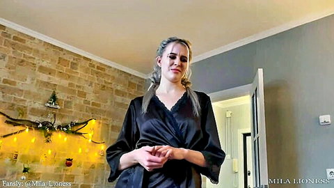 Mila Lioness in emotional silk robe, stepmom taboo secret