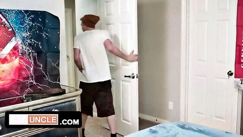 Andrew Powers as horny college roommate in white tee and shorts, teasing tension release