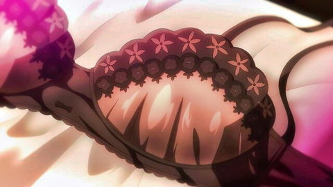 Hentai babe's massive tits in sheer pink floral bra with hard nipples visible through fabric