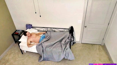 Shirtless stepbro relaxes in bed, Eliza's step-sibling tease scene
