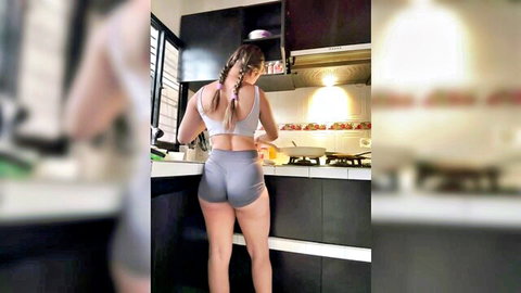 Sabrina Tucker in tight gray shorts, curvy ass view from behind