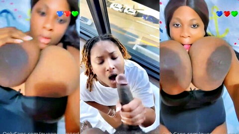 Ebony woman with big tits sucking dildo in car, topless toy play