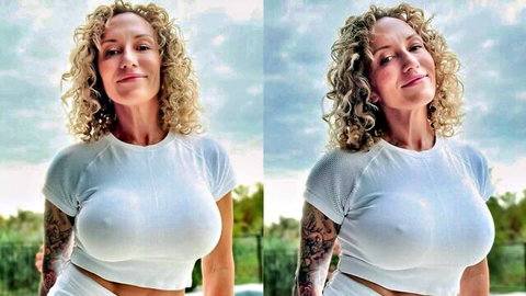 Curly haired wife in revealing white mesh top, teasing outdoors for BBC action