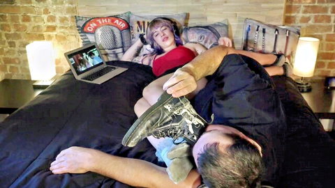 Jayla's foot fetish session in socks and red dress, man worshiping her feet