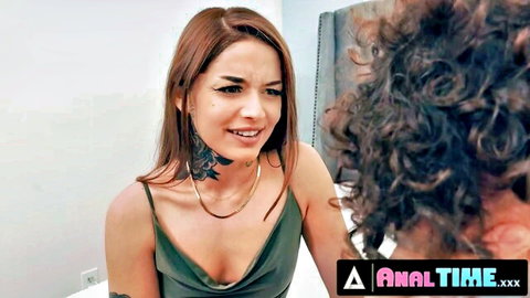 Tattooed redhead Vanessa Vega in sexy green dress offers ass to husband