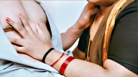 Indian couple in saree foreplay, passionate breast touching