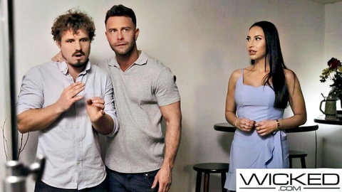 Busty brunette in blue dress with two handsome studs in steamy threesome preview