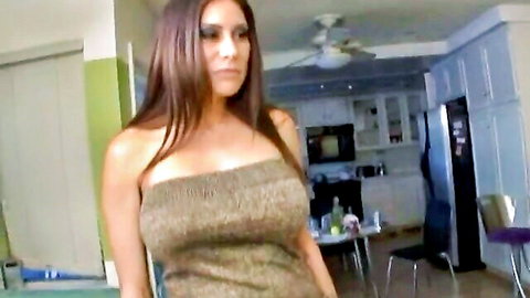 Sexy curvy Latina in tight tube dress, babysitter tease