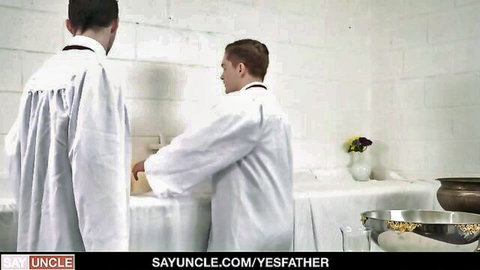 Two young altar boys in white robes on church altar