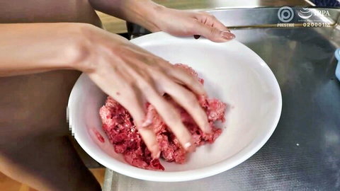 Yatsugake Umi hands kneading raw ground meat in bowl, JAV thumbnail