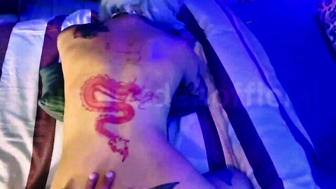 Tattooed Turkish girl nude, red dragon back tattoo visible