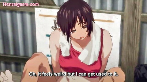 Anime hentai girl with short brown hair in red top and towel, embarrassed pose