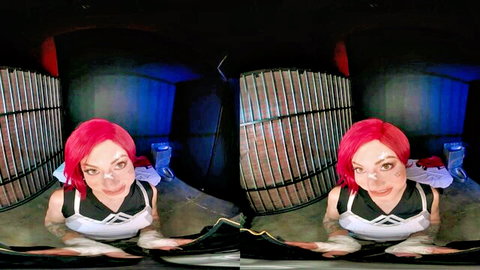 Raven Lane as Vi from Arcane in wet cosplay tease, redhead in revealing outfit