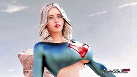 Busty blonde superheroine in shiny blue suit with big tits, posing in desert 3D animation