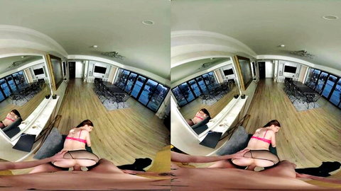 Blonde in pink lingerie bent over for doggy style penetration