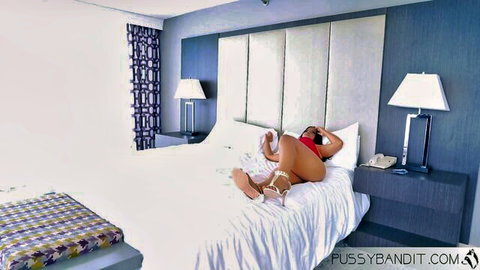 Tanned curvy Latina MILF in red thong and heels spreads legs teasing huge ass on hotel bed