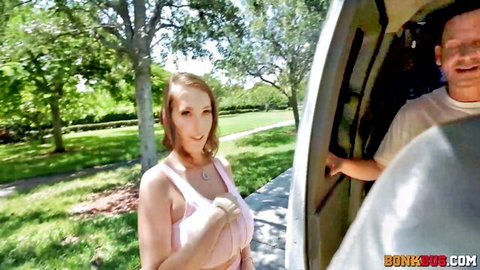 Kat Marie flashing huge tits outdoors by white van with smiling man
