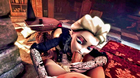 3D Elsa from Frozen parody giving blowjob in revealing black outfit
