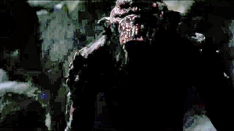 Snarling grotesque red demon monster with bloody fangs and drool in dark fantasy horror closeup