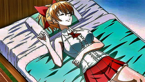 Busty blonde anime girl in revealing school uniform lounging on bed