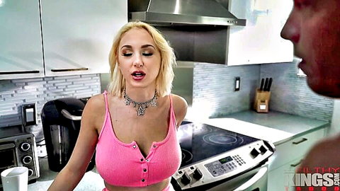Dylann Vox blonde stepsis in tight pink top, big tits, kitchen tease