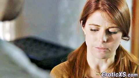 Redhead woman sucking cock, close-up on face before cum facial
