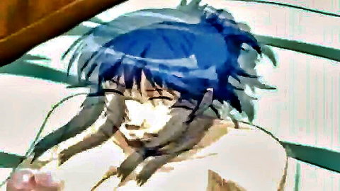 Blushing blue-haired anime babe with glossy lips in tight white top looking seductive