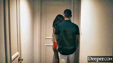 Man grabs brunette's bare ass from behind in hallway teasing rough doggy fuck