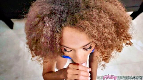 Cecilia Lion ebony stepsis giving blowjob POV in blackmail scene