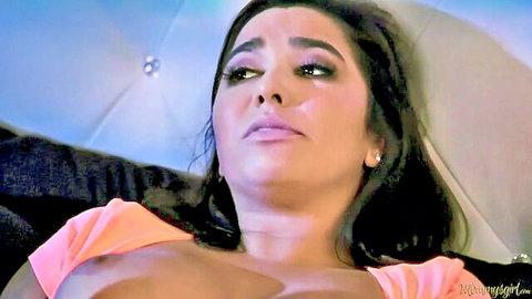 Busty brunettes Mindi Mink and Karlee Grey in intimate bedroom scene