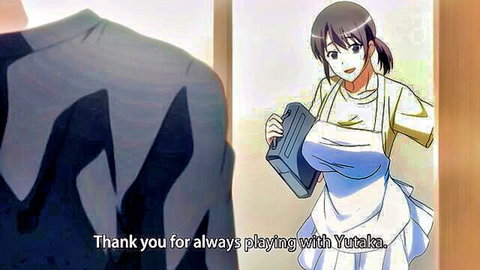 Busty anime housewife in tight apron smiles holding tray thanking for playing with Yutaka