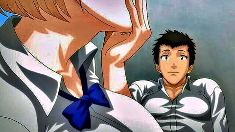 Blonde busty anime woman in school uniform teasing man in hentai episode 4