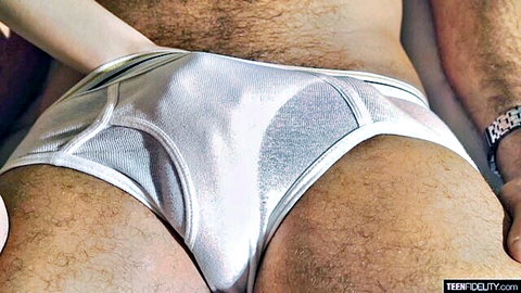Anastasia Knight scene: man in wet white briefs, bulge teased by hand