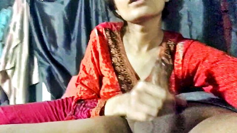 Desi wife in red embroidered dress gives POV blowjob, hand on cock