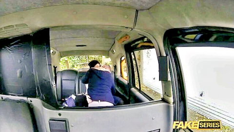 Brunette with pants down bent over taxi seat exposing bare ass and pussy for public car fuck