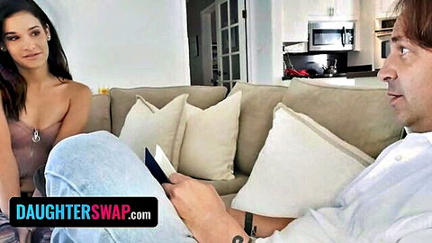 Eden Sins in Daughter Swap, teasing stepdad in unzipped top while selling panties